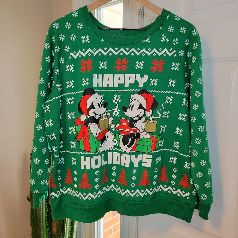 Disney Happy Holidays‎ Green Christmas Snowflake Crewneck, Size Womens XL